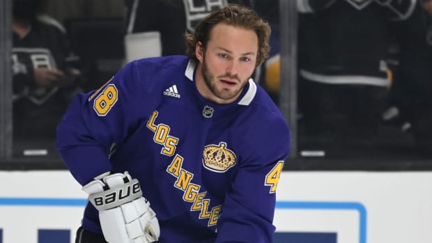Brendan Lemieux (48) warms up before the game against the Toronto Maple Leafs.
